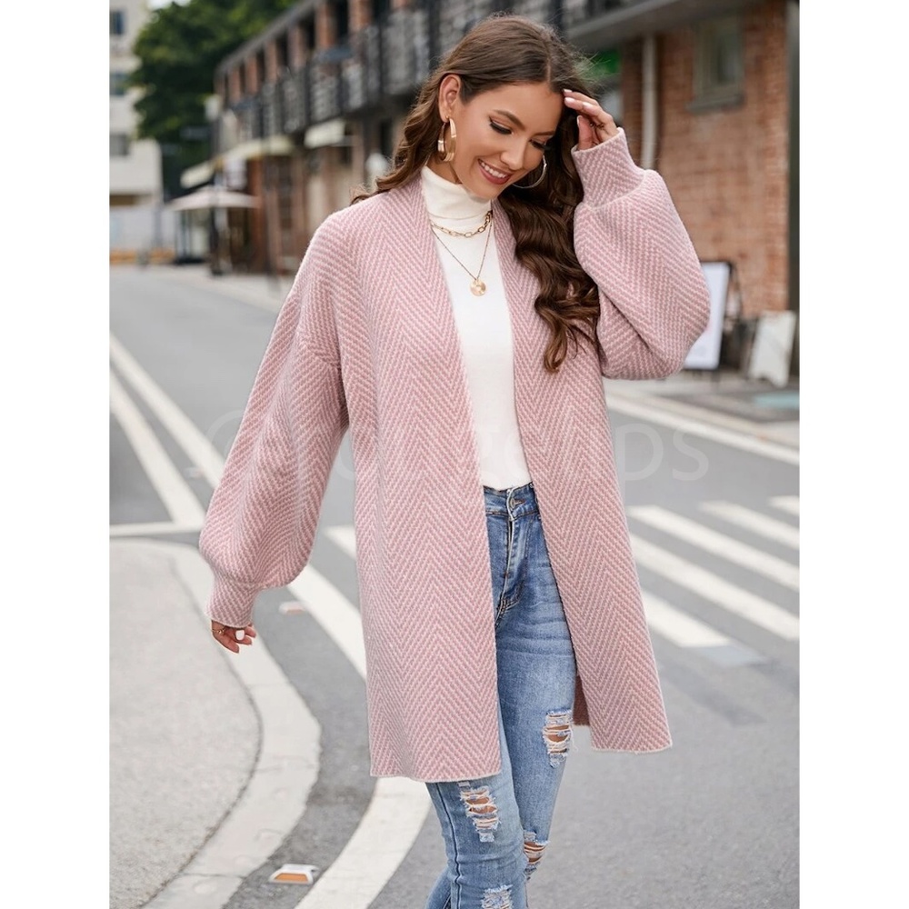 Knit Chevron Open Cardigan Bishop Sleeves Hip Length Pink & White - Picture 6 of 10